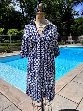 J. Mclaughlin Blue & White Geometric Shirt Dress Catalina Cloth Size M